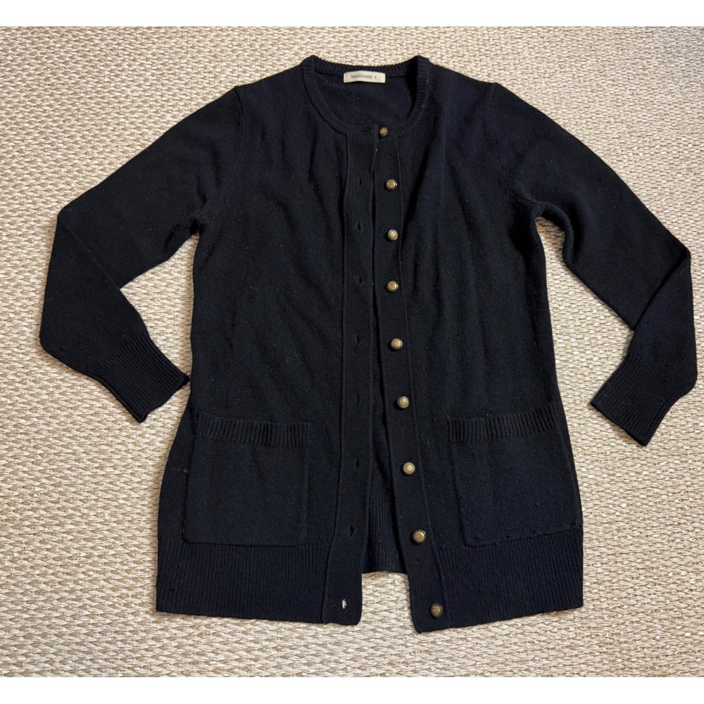 WoolOvers Black Cardigan Crest Buttons Sweater country Lagenlook Cottagecore